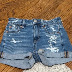 American Eagle Outfitters Distressed Rolled Hem Denim Shorts - Blue